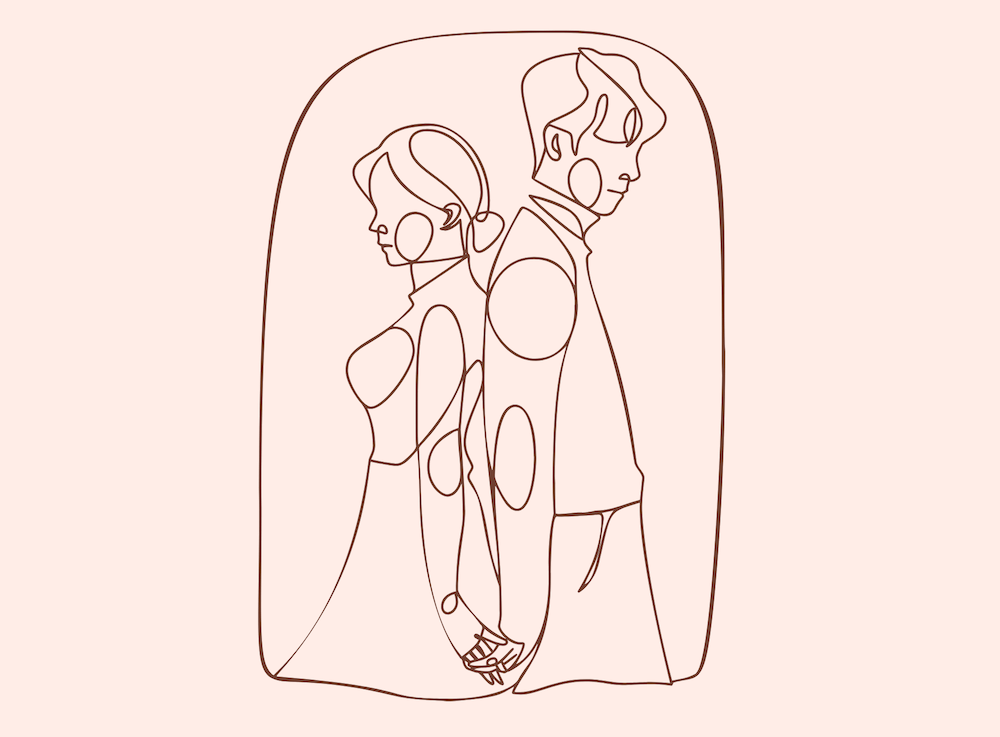 Gezeichnetes Paar, Rücken an Rücken