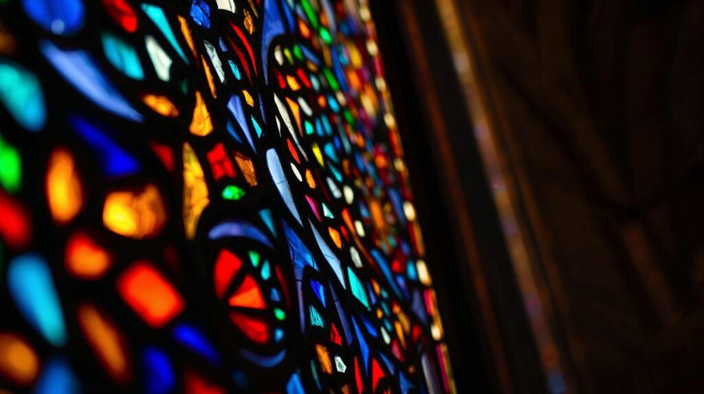 Detailaufnahme von Kirchfenster mit Mosaik